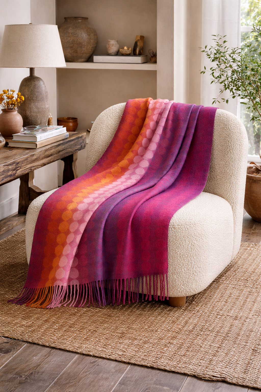 Manta Orbit en lana 100 % hecha a mano con patrón rítmico y colorido