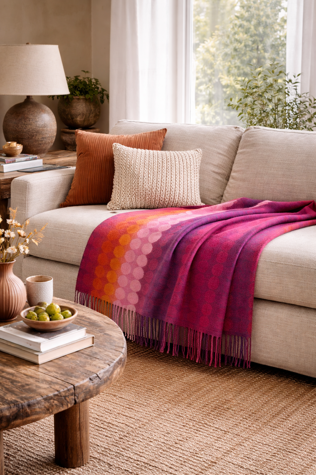 Manta artesanal Orbit de MORISQUETA en lana hecha a mano con diseño geométrico y franjas de color